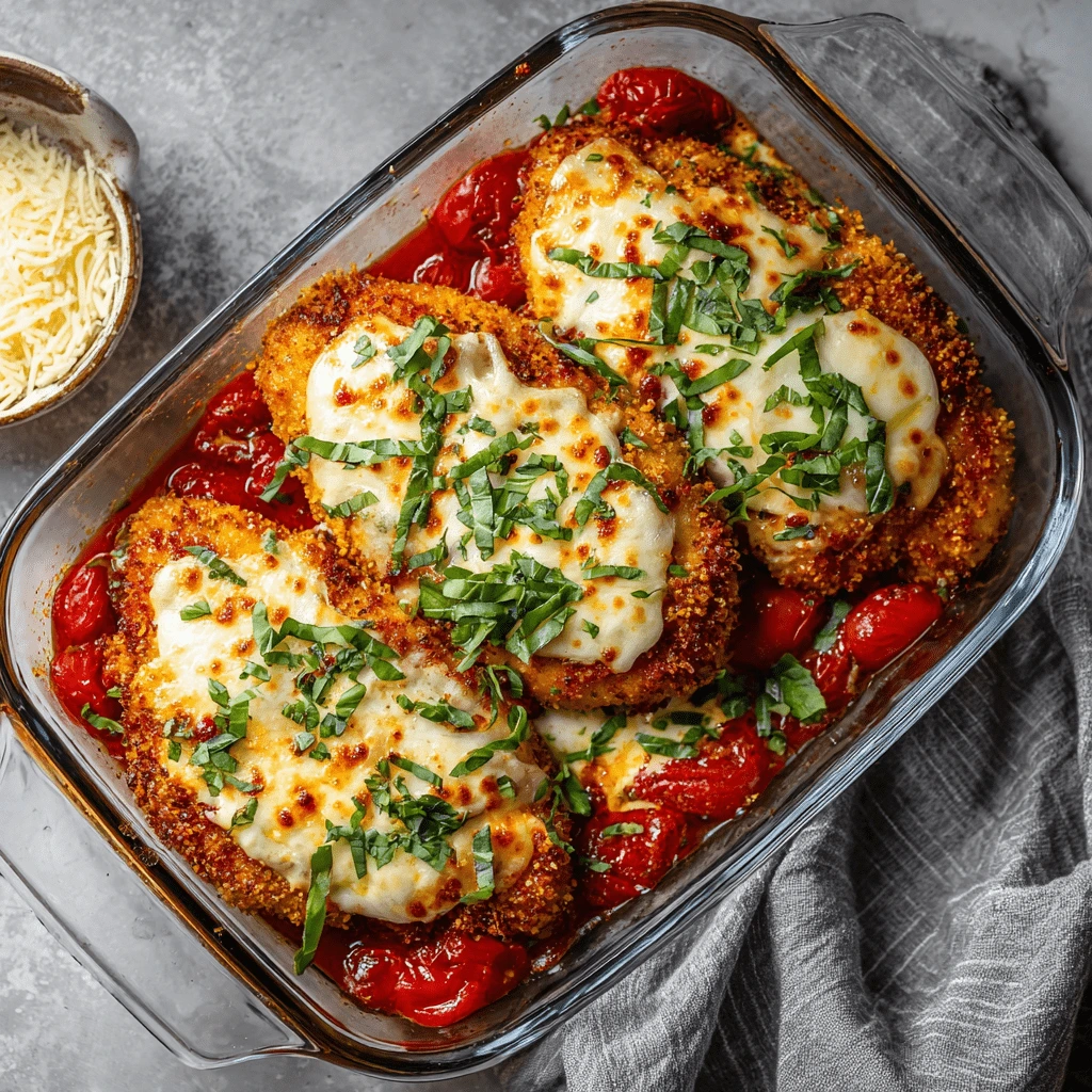 chicken parmesan in glass dish photography