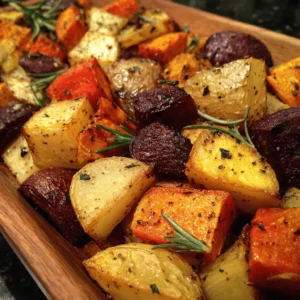 roasted potatoes and sweet potatoes in tray