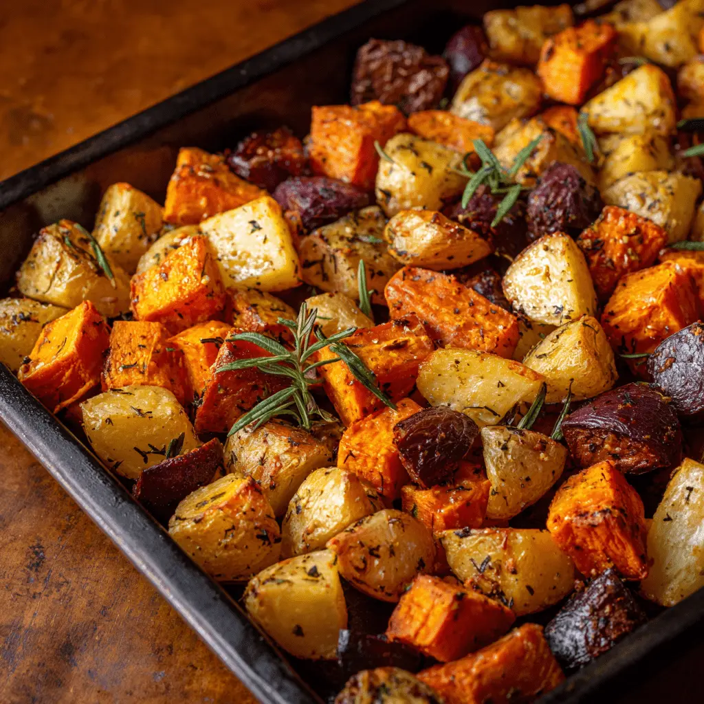 roasted potatoes in baking tray