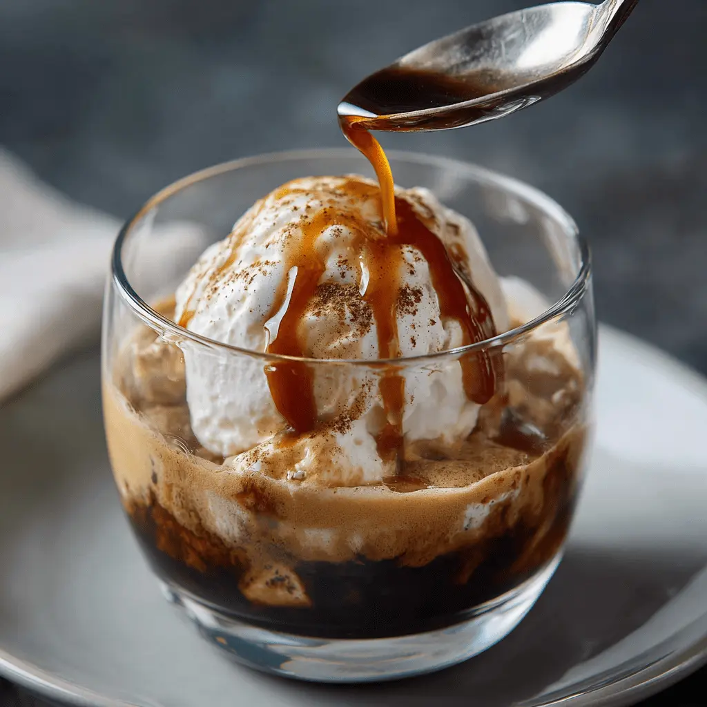 a spoon is pouring starbucks affogato cofee in class on icecream