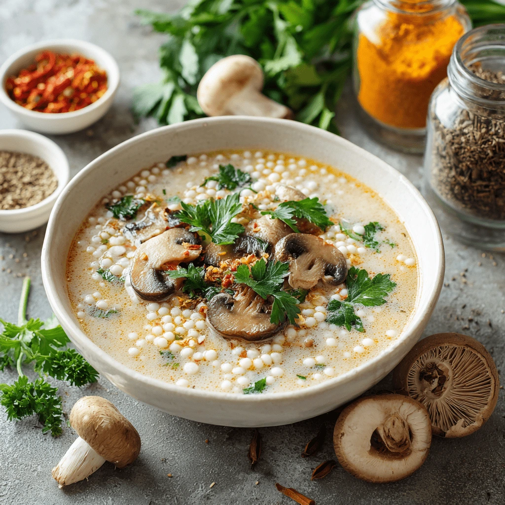 creamy mushroom pearl couscous soup