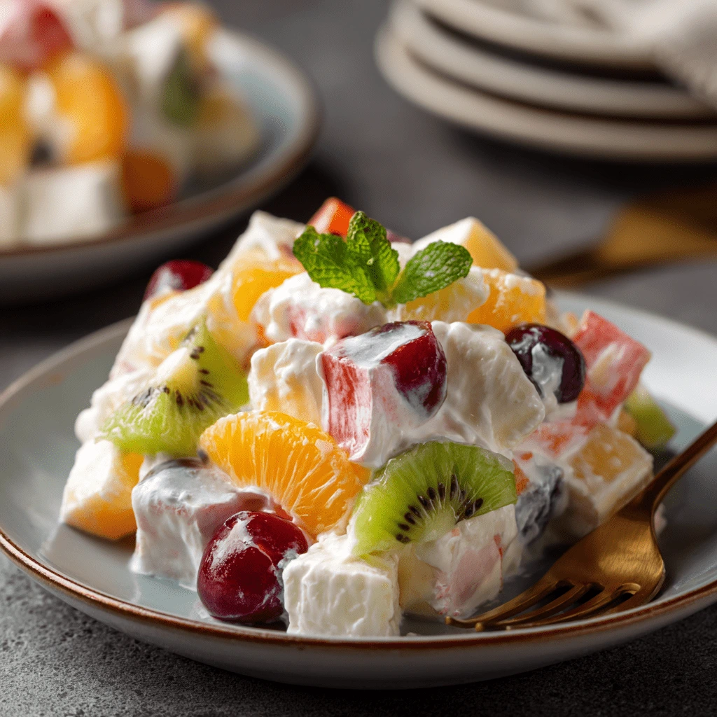 fruit fluff salad in serving plate