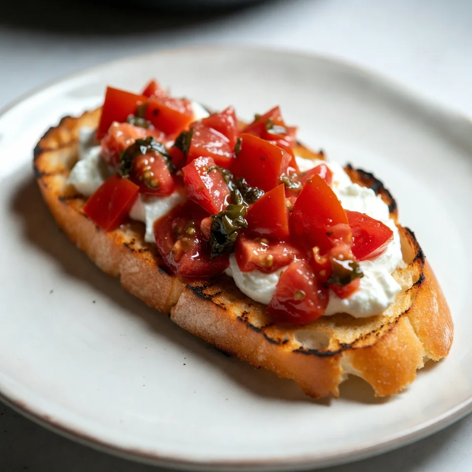 Homemade burrata bruschetta ready to eat