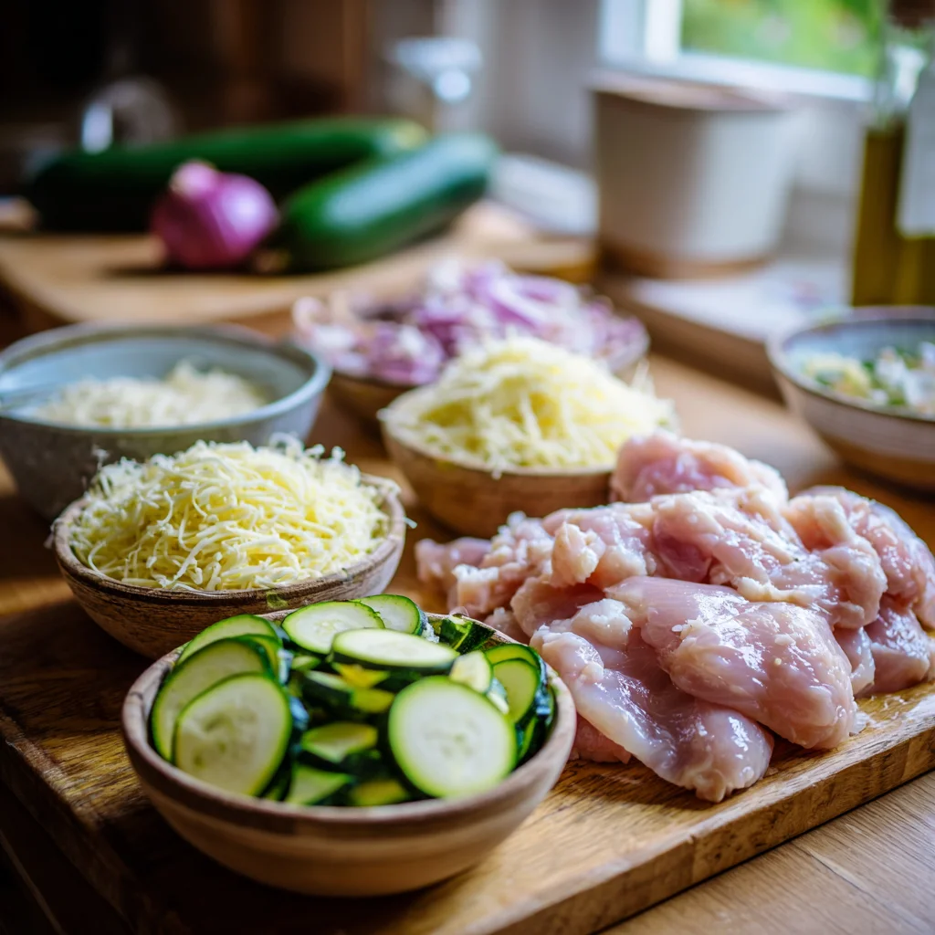 Ingredients prepared for chicken zucchini bake on kitchen counter