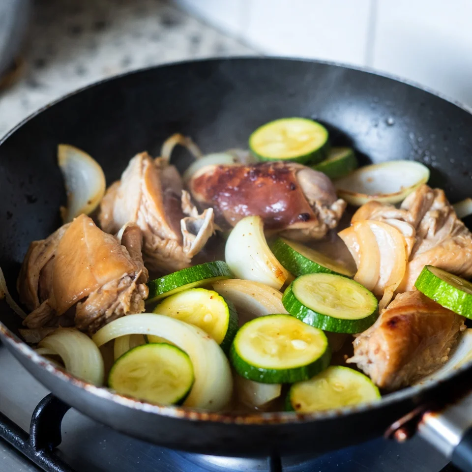 Chicken and zucchini being cooked in a skillet for casserole