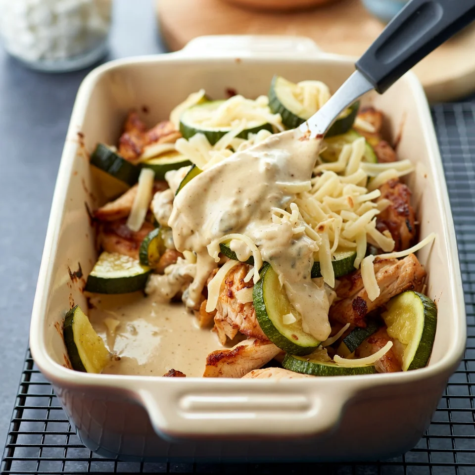 Assembling chicken zucchini bake with cream and cheese in baking dish