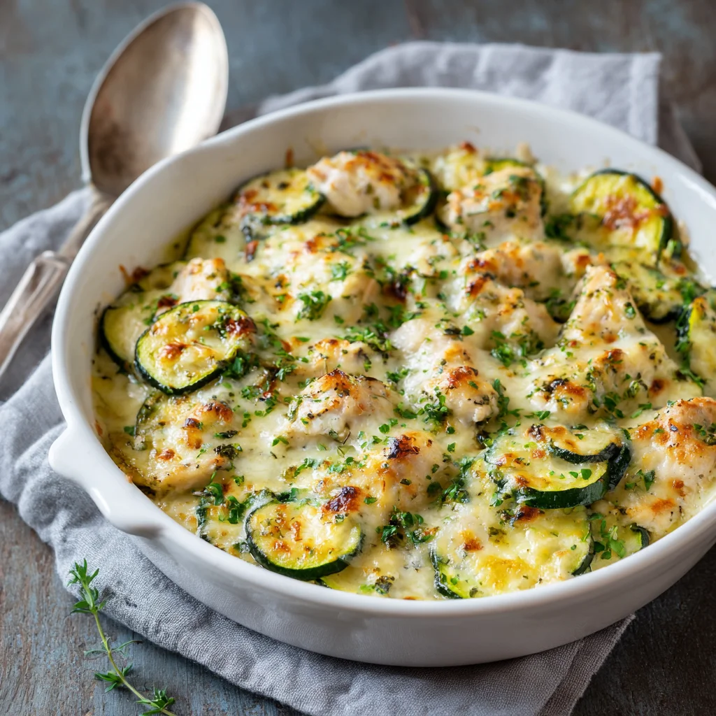 Chicken zucchini bake ready to serve with creamy cheese topping