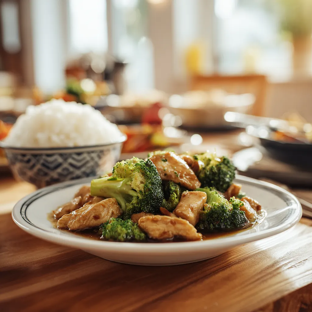 Chicken and Broccoli Stir Fry served on table