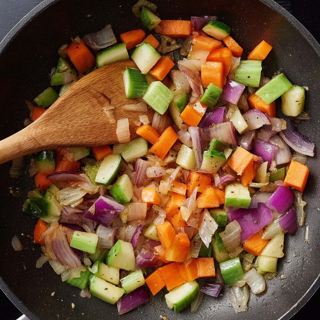 vegetable mixing in Cottage Cheese Veggie Bake