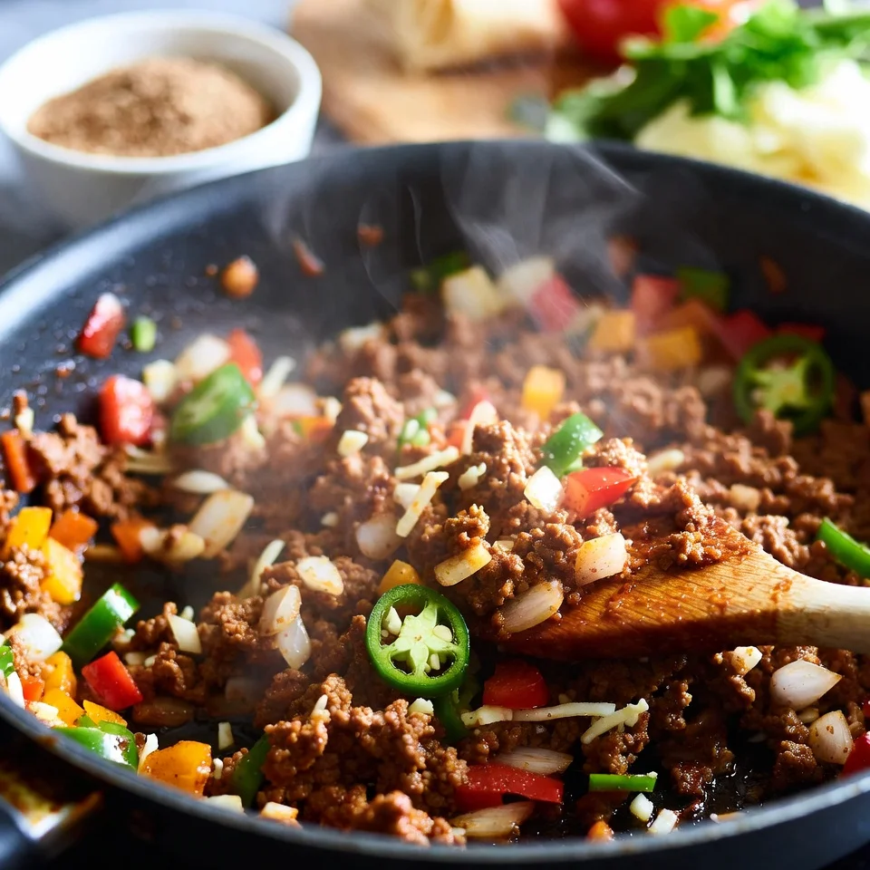 ground meat in a skillet with onion and garlic