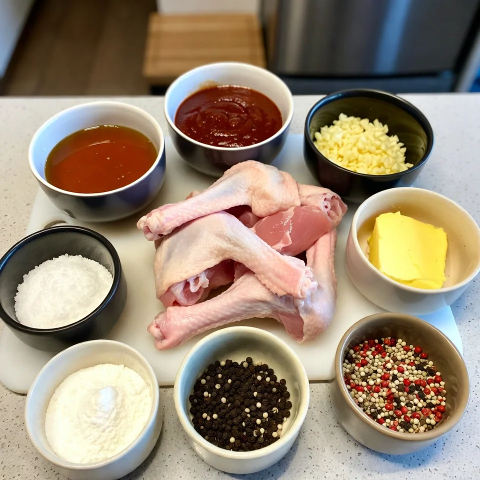 Ingredients for crispy oven baked honey BBQ chicken wings arranged on kitchen counter