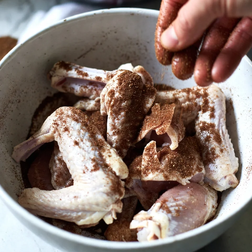 Seasoning chicken wings for crispy oven baked honey BBQ chicken wings