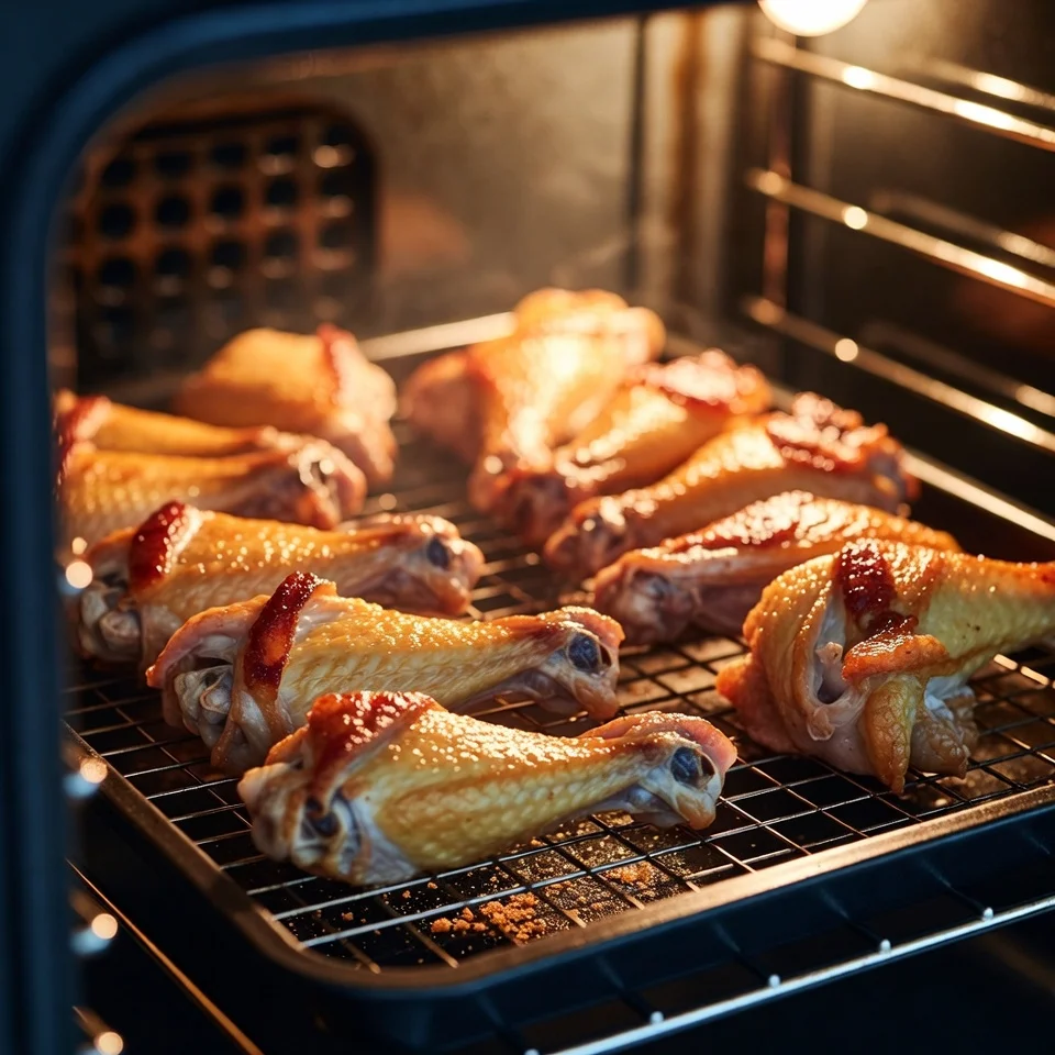 Chicken wings baking in oven until crispy for honey BBQ chicken wings
