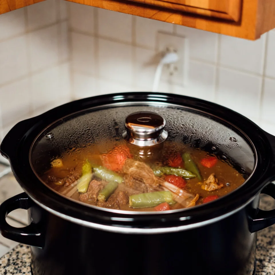 Crockpot Green Chili Stew 3 Crockpot green chili stew cooking slowly in slow cooker