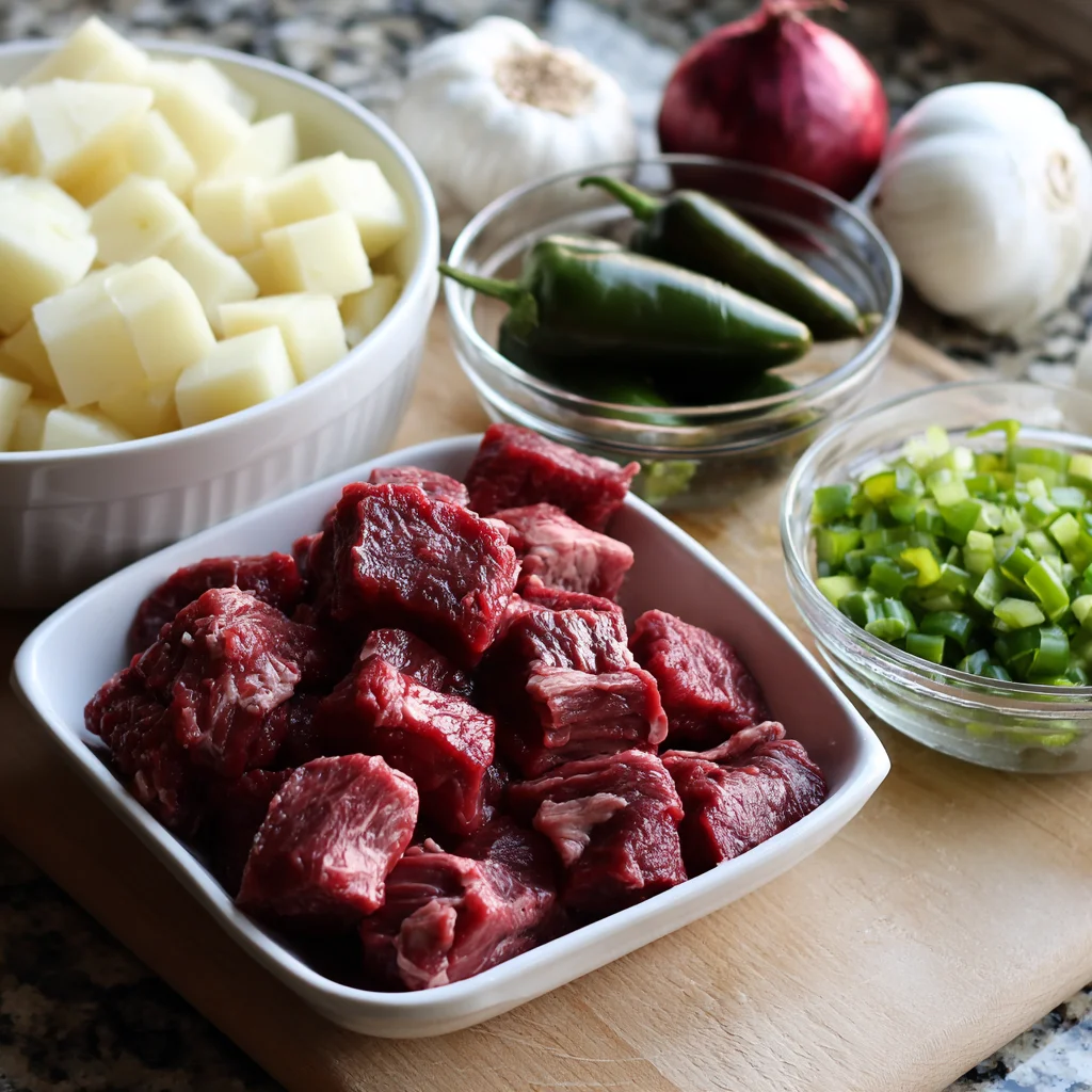 Crockpot Green Chili Stew 2 Ingredients prepared for crockpot green chili stew on kitchen counter