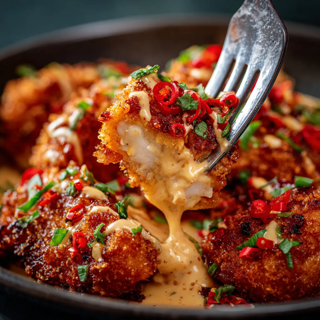 Bang Bang Chicken eating with fork