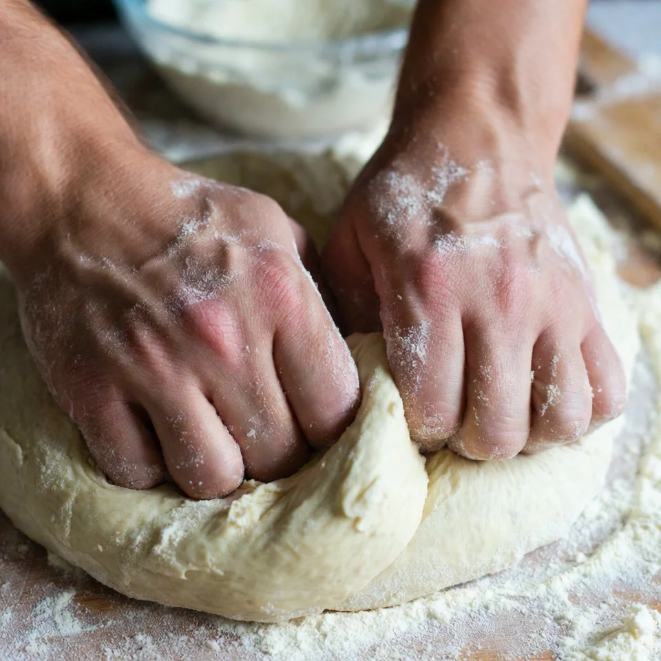 Italian Pizza Dough Recipe 4 Kneading Italian pizza dough on kitchen counter
