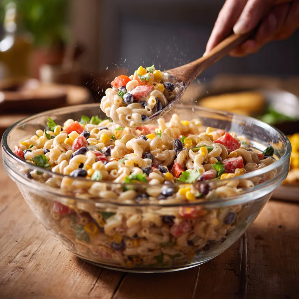 Mixing Mexican macaroni salad with creamy dressing in a bowl