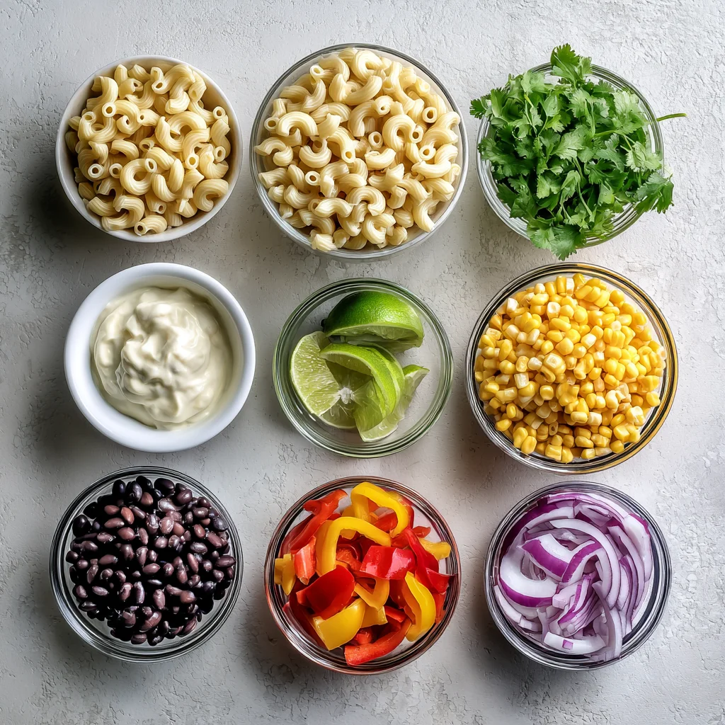Ingredients for Mexican macaroni salad arranged on a kitchen counter