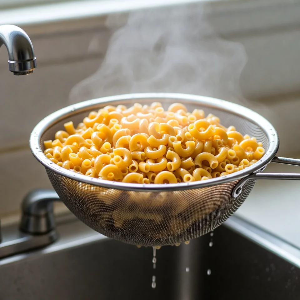 Boiled elbow macaroni draining in a colander for macaroni salad