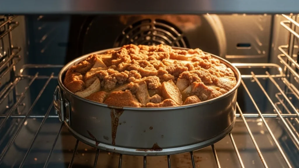 Mouthwatering Apple Fritter Cake – Warm, Cozy, and Impossible to Forget 4 Apple fritter cake baking in oven until golden