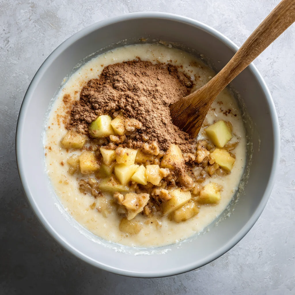 Mouthwatering Apple Fritter Cake – Warm, Cozy, and Impossible to Forget 3 Mixing apple fritter cake batter with cinnamon and apples
