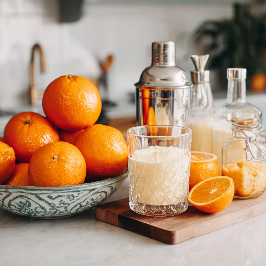 Adding ingredients into shaker for orange creamsicle cocktail
