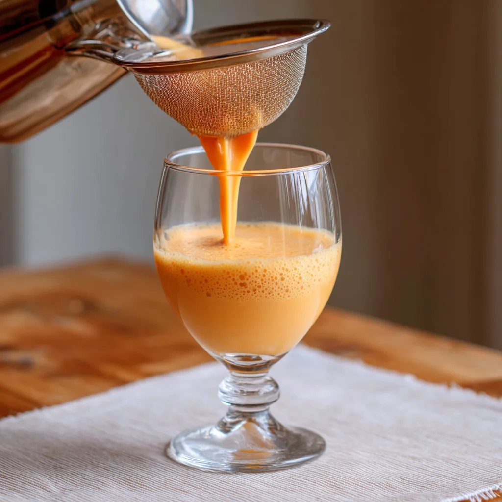 Orange creamsicle cocktail poured into glass