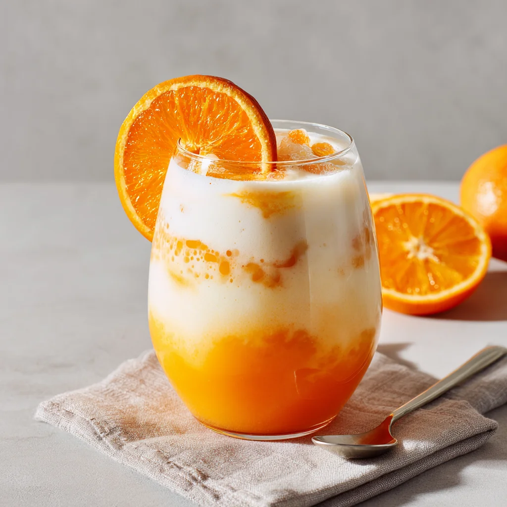 Orange creamsicle cocktail ready to serve with orange garnish