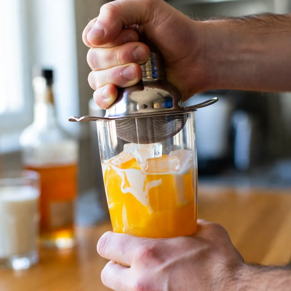 Shaking orange creamsicle cocktail in a shaker