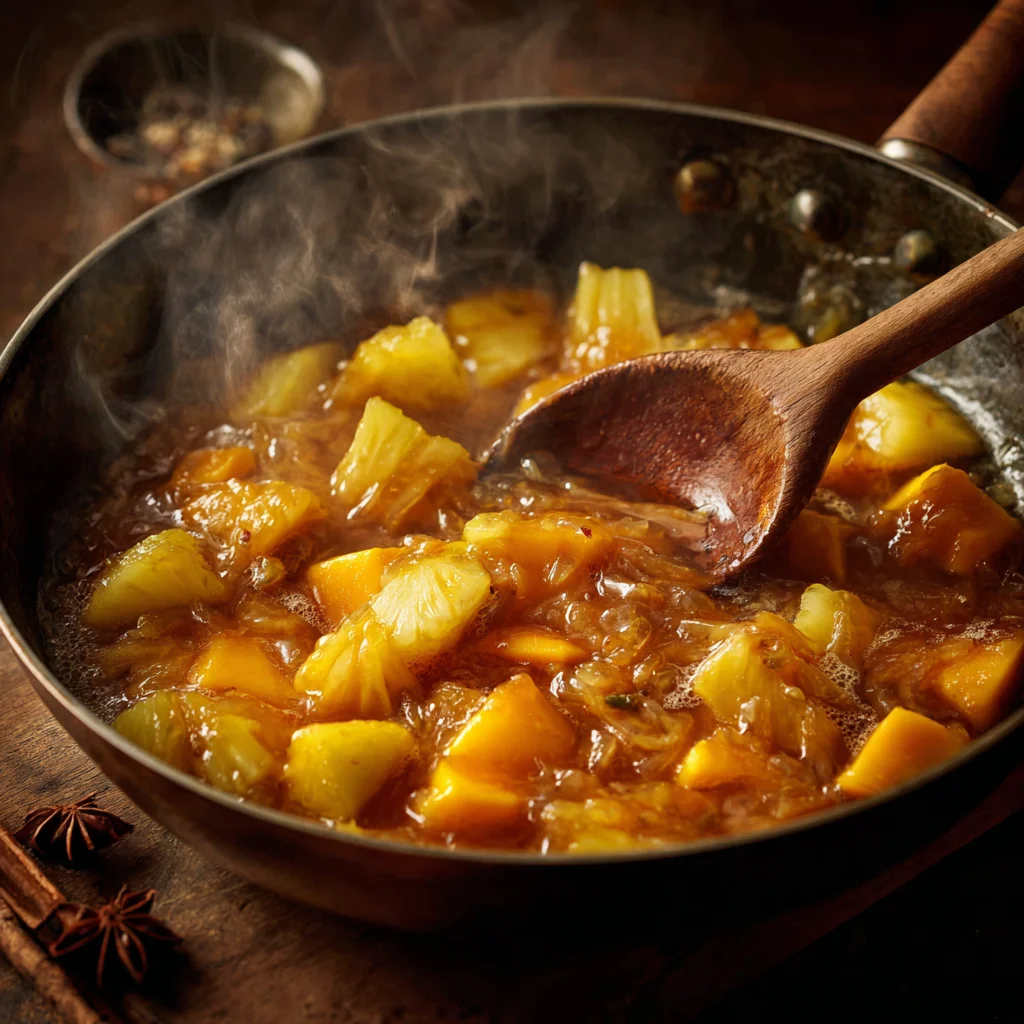 Pineapple Mango Glazed Chicken – Sticky, Tropical, and Full of Sunshine Flavor 3 Chicken cooking in pan for pineapple mango glazed chicken recipe