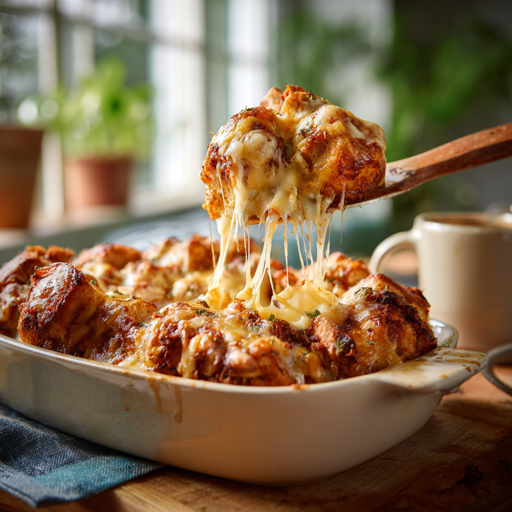 Cheesy pizza monkey bread ready to pull apart and serve