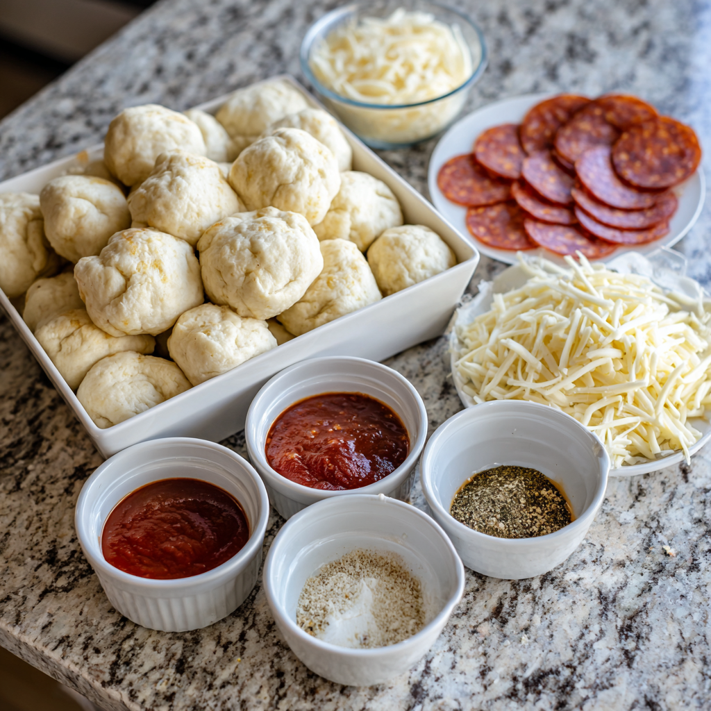 Ingredients prepared for pizza monkey bread on kitchen counter