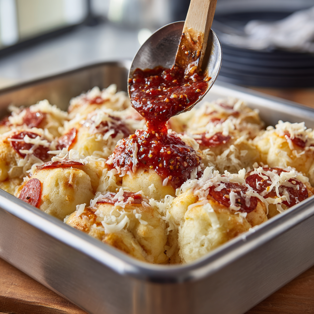 Assembling pizza monkey bread with cheese and pepperoni in baking pan
