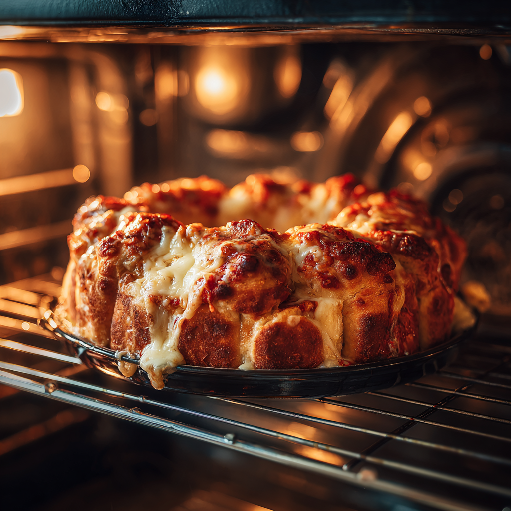 Pizza monkey bread baking in the oven until golden