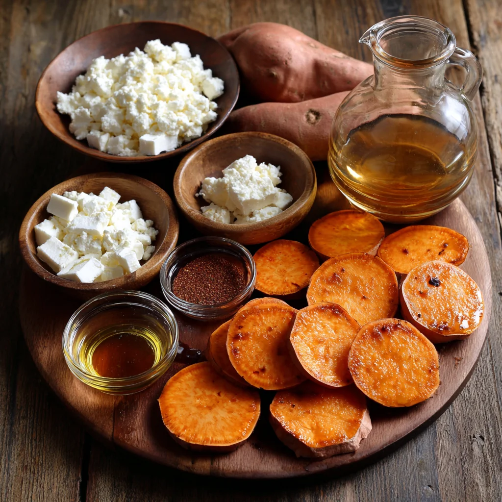 Ingredients for roasted sweet potato rounds with honey and feta