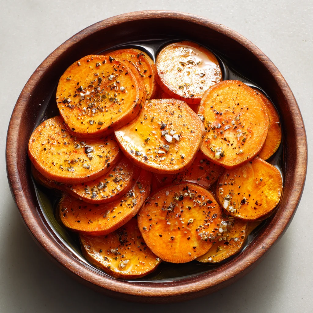 Seasoning sweet potato rounds for roasting