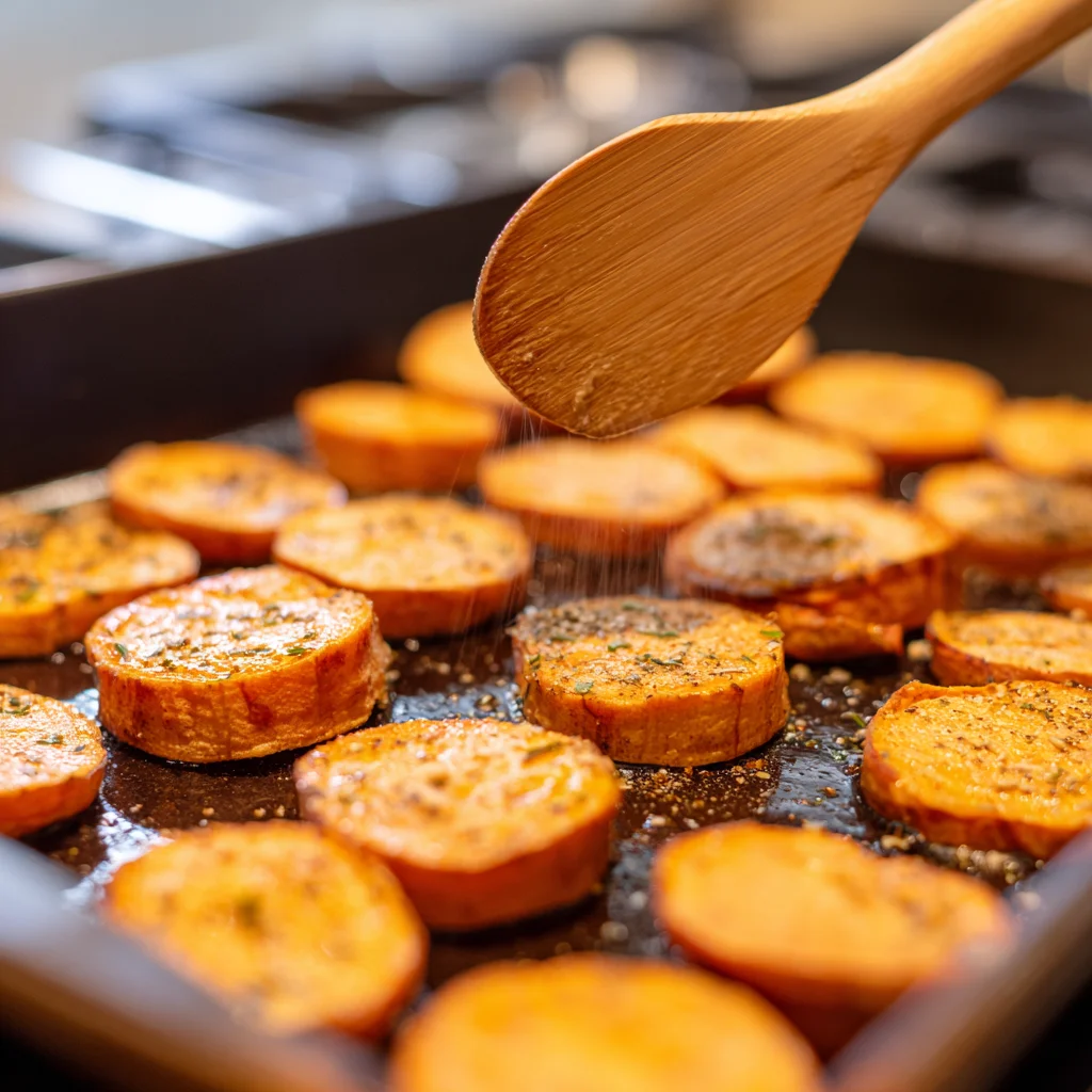 Seasoning sweet potato rounds for roasting