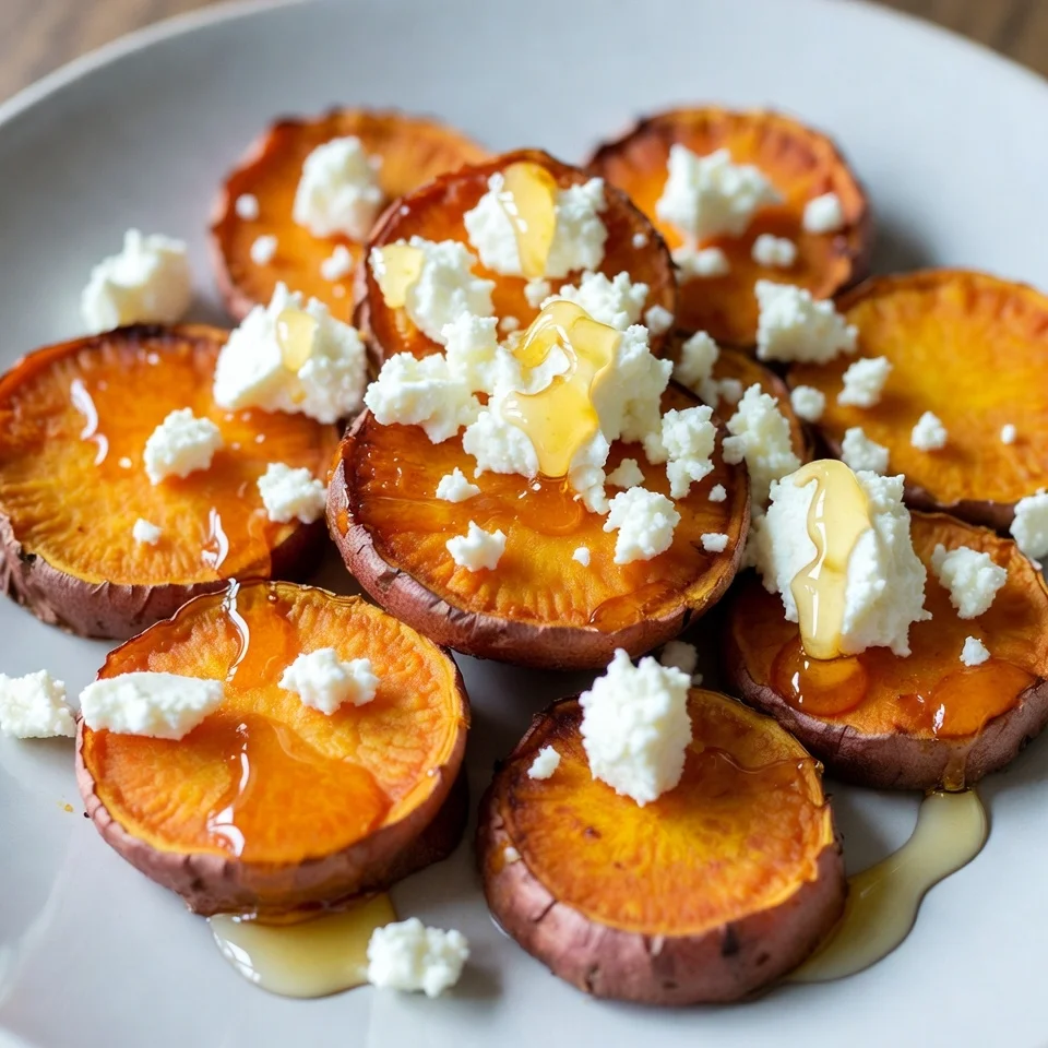 Roasted sweet potato rounds with honey and feta ready to serve
