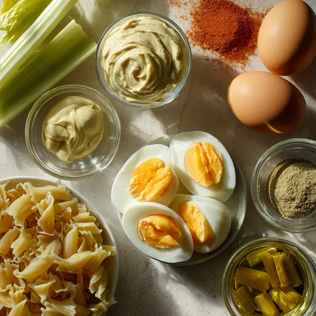 Deviled Egg Pasta Salad ingredients