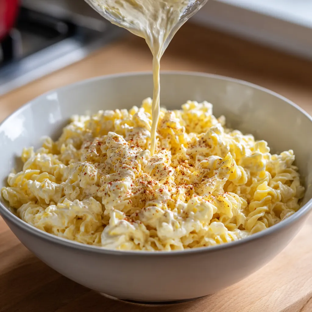 mixing Deviled Egg Pasta Salad