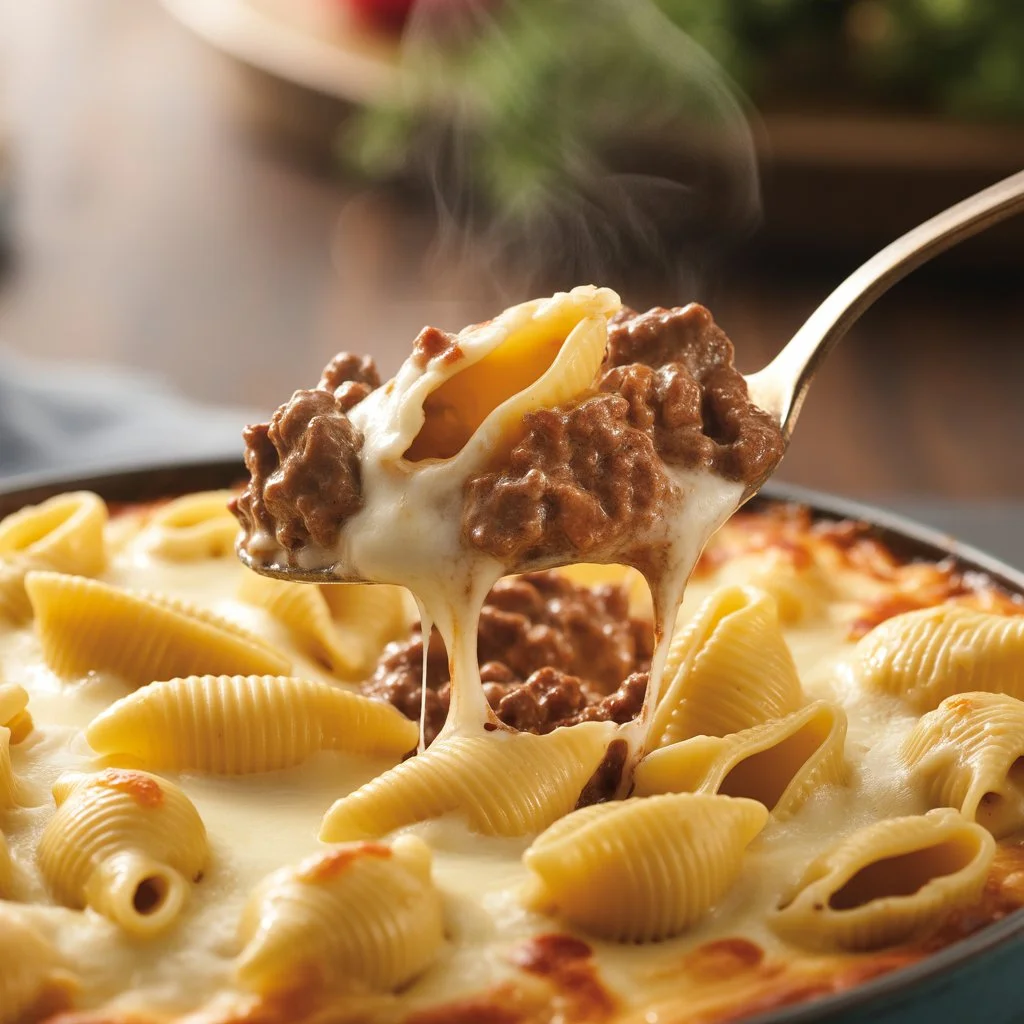 Creamy Beef Shell Casserole ready to eat