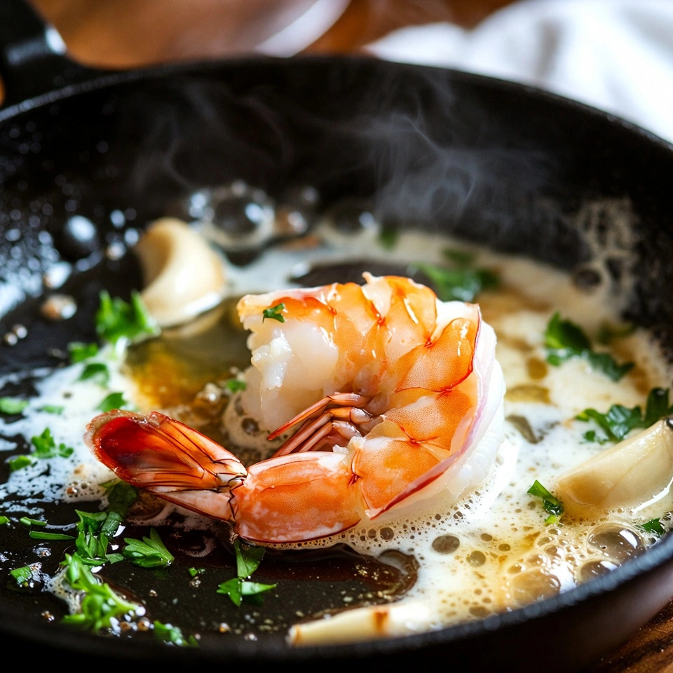 Creamy Garlic Shrimp Sauce in frying pan