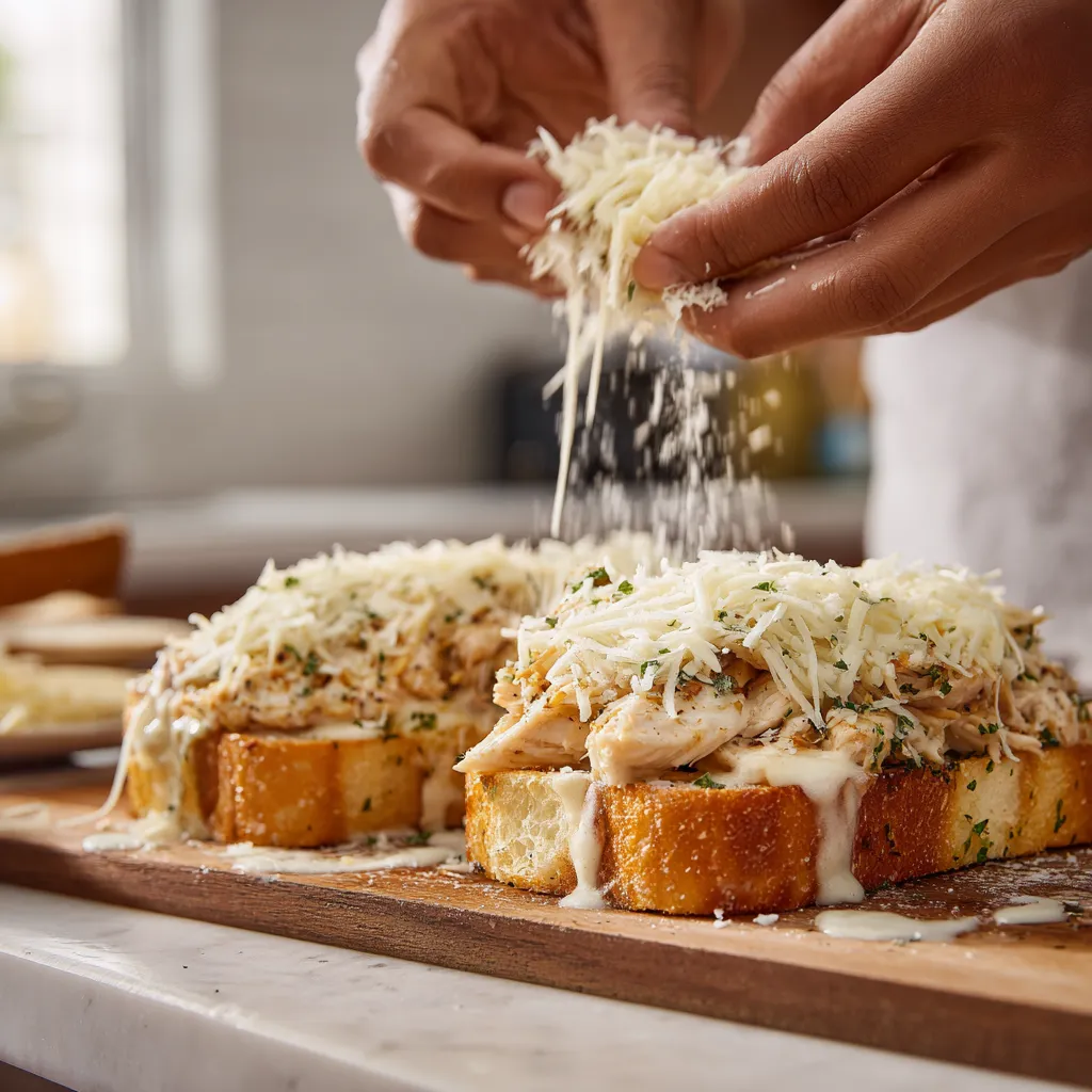 spreading cheese on Chicken Alfredo Garlic Bread