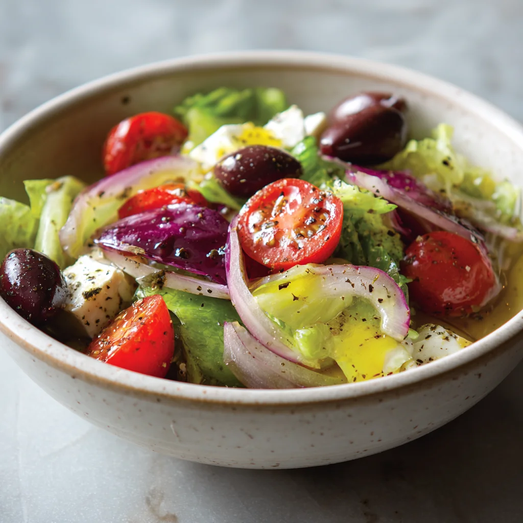 In a large bowl, mix pasta, vegetables, olives, and feta