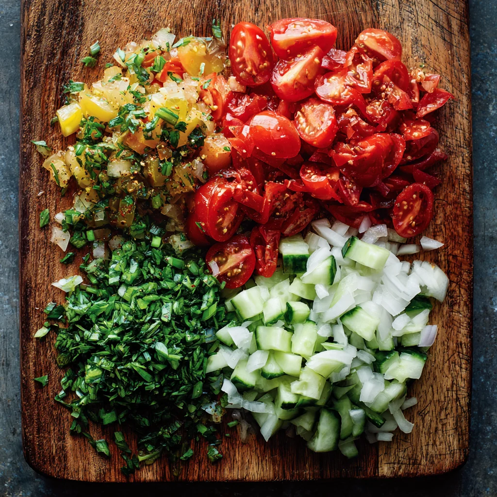 Chop tomatoes, cucumbers, onion, and herbs into bite-sized pieces