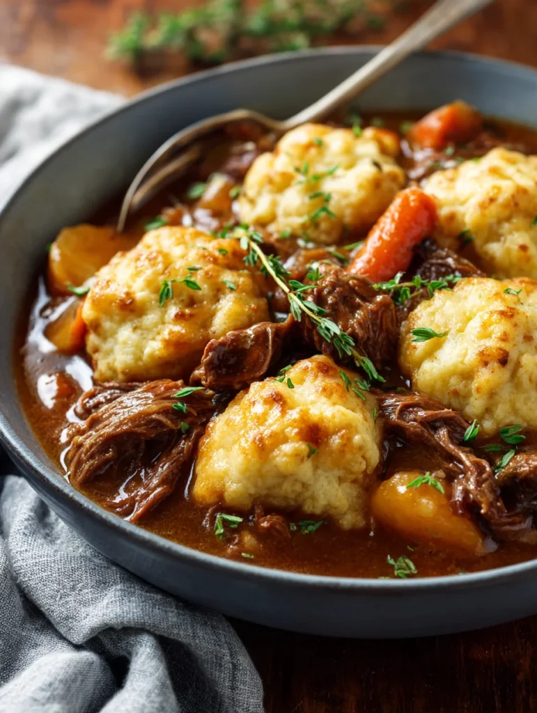 Beef Stew and Dumplings Recipe – Cozy, Hearty Comfort in Every Bite 4 Beef stew simmering dumplings final serving
