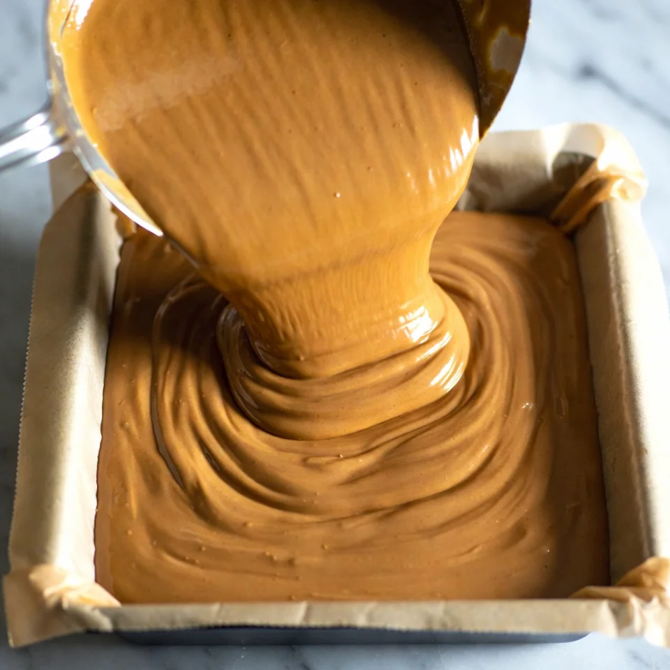 Brown Butter Fudge 4 Pouring brown butter fudge into pan to set