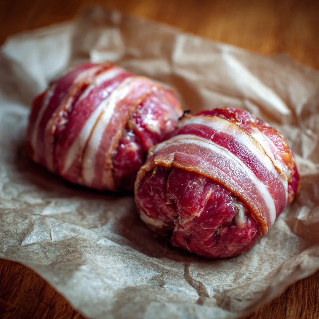 beef ball tightly with bacon, overlapping slightly