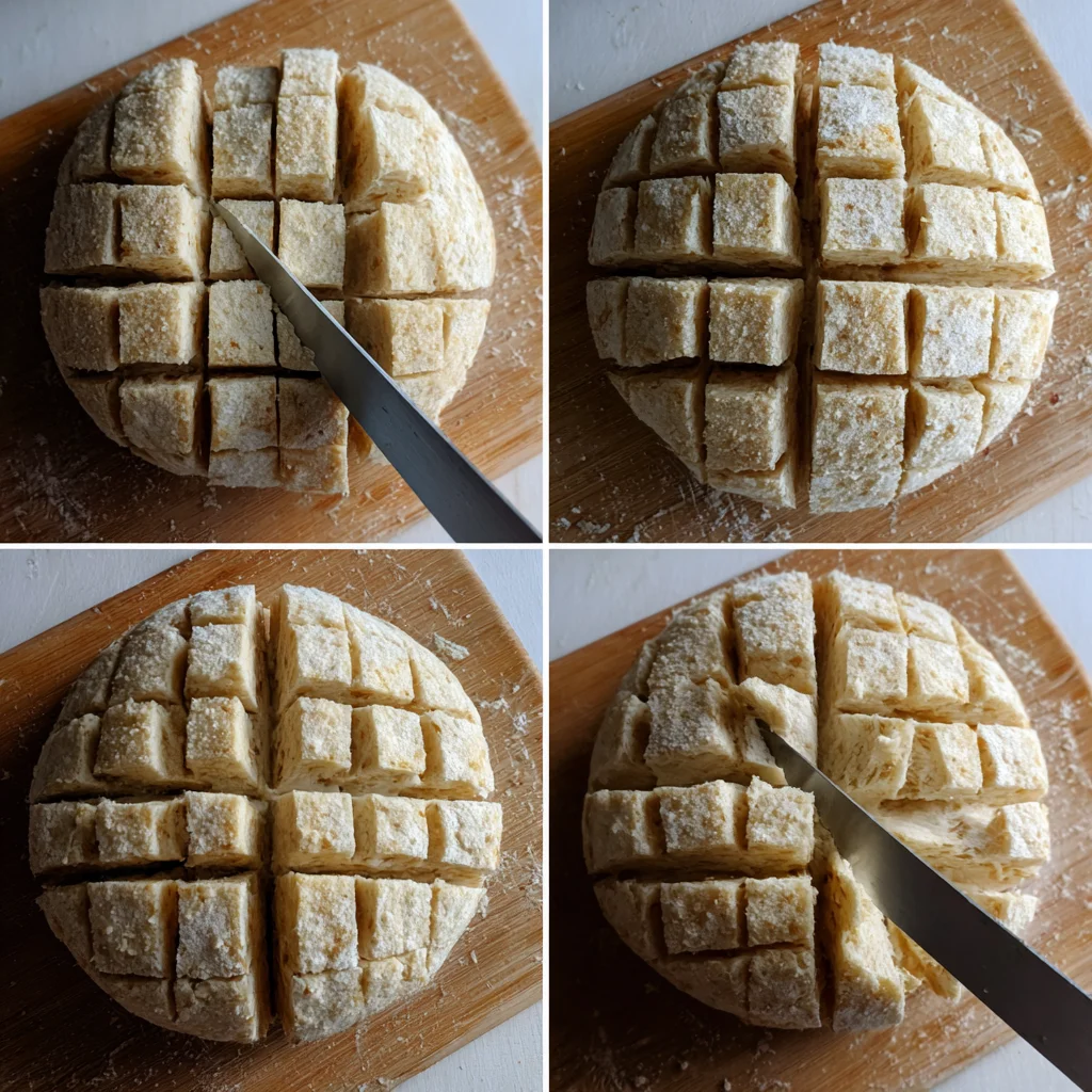 Cheesy Garlic Pull Apart Bread – Warm, Comforting, and Impossible to Resist 3 sharp knife, cut the bread into a crosshatch pattern